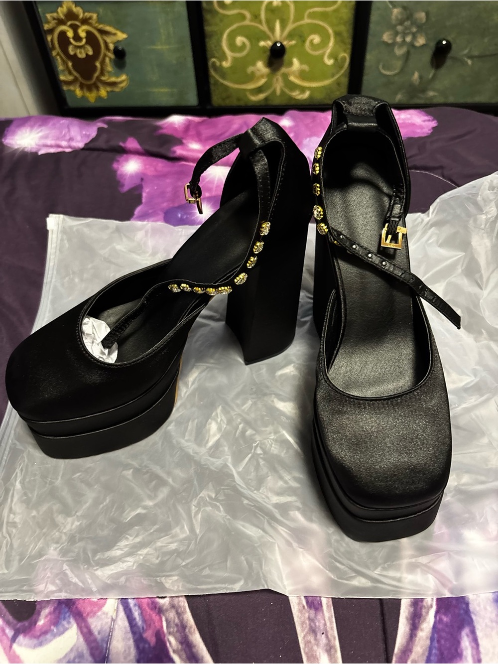 Black Platform Mary Jane Heels with Gold Gem Accent